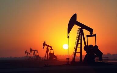 Working Pumpjacks On Sunrise. Silhouette of oil pump jack on rig. Oil drilling company growth. Financial and commodity markets. Ai generative. High quality