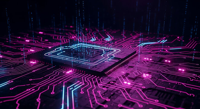 A futuristic computer microchip on a circuit board with glowing pink and blue data streams.