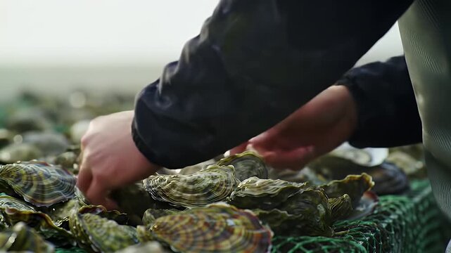 Oyster Farm Worker Sorting Freshly Harvested Oysters in Misty Ambient Light
