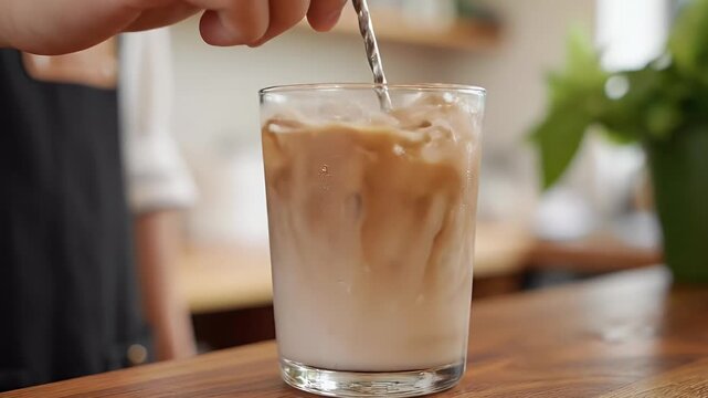 Barista stirring a delicious iced coffee latte in a glass Close up shot of making a refreshing cold beverage with milk and ice cubes on a wooden cafe counter