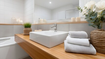 "Modern Bathroom Interior with Wooden Counter and White Sink"