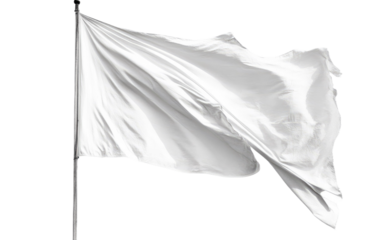 A large white flag waving gently on a flagpole isolated on white background