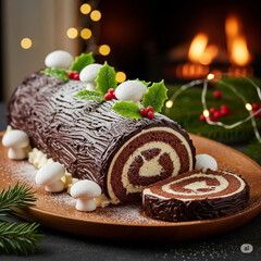 Delicious Chocolate Yule Log Cake with Holly Berries and Mushrooms