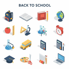 set of isometric flat vector back to school icons