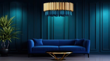 Modern living room featuring a blue sofa, stylish chandelier, and decorative plant against a teal backdrop