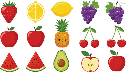 Fresh strawberries, sliced lemon, juicy lemon, purple grapes, sweet cherries, ripe apples, tropical pineapple, watermelon slices, creamy avocado, apple halves, healthy fruits
