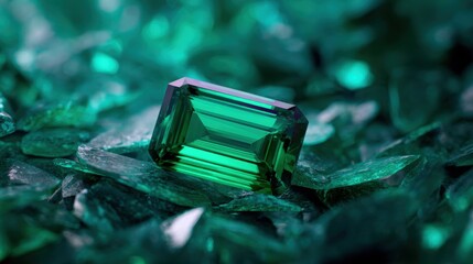 A stunning emerald gemstone resting amidst a bed of sparkling green crystals, showcasing its vibrant color