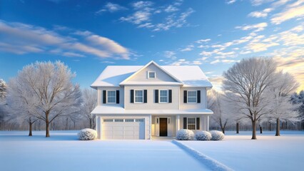 A beautiful white suburban house covered in snow during a sunny winter day with blue sky and clouds