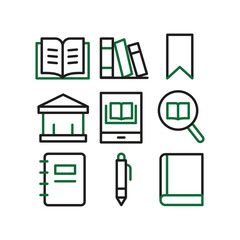 Education and Learning Line Art Icons Set Featuring Books, Library, and Study Tools on Isolated White Background