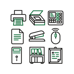 Office and Business Line Art Icons Set with Printer, Calculator, Documents, and Workplace Tools on Isolated White Background