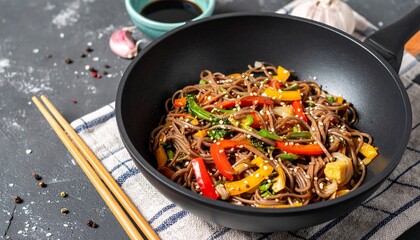 chinese soba noodles in wok pan with ginger, spices, soy sauce, garlic and vegetables. 