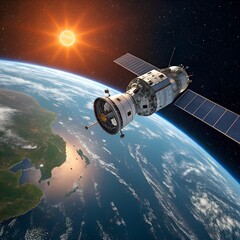 Obraz premium Satellite orbiting earth with the sun shining brightly