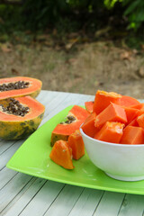 Slices of papaya or Carica papaya arranged in a white bowl, a bowl of sliced papaya ready to be served