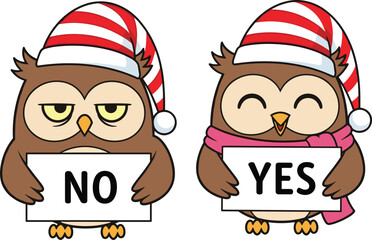 Cartoon owls with Santa hats, festive YES and NO signs, holiday humor illustration, pink scarf, expressive Christmas characters, winter clipart