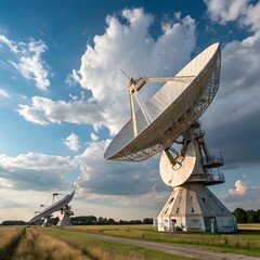 Two large radio telescope dishes in a grassy field