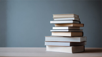A neat stack of books on a wooden surface against a soft-colored backdrop