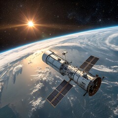 Obraz premium Satellite orbiting earth with the sun shining brightly