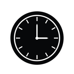 Simple Black and White Clock Illustration Showing Time on a White Background
