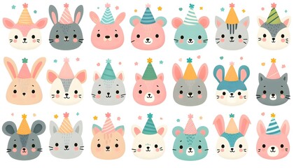 Cute cartoon animal heads with colorful party hats in neat grid on pastel background in flat vector style