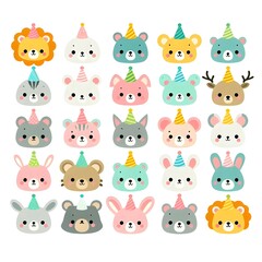 Cute cartoon animal heads with colorful party hats in neat grid on pastel background in flat vector style