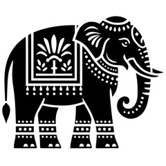 A black graphic of a decorated elephant, featuring traditional patterns and ornaments.  A themes related to India and Thailand.