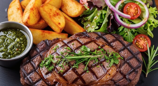 A perfectly grilled beef steak with potato wedges, fresh salad, and green herb sauce.