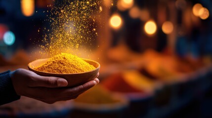 Hand holding a bowl of vibrant yellow spice amidst a colorful market backdrop with glowing lights