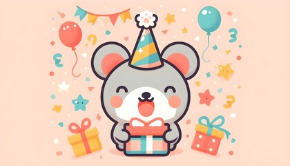 Naklejka premium Adorable flat vector animal character with birthday hat in clean minimal kawaii design