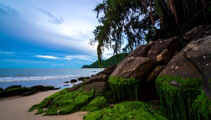 Fototapeta premium Coastal scene of rocks, beach, and trees