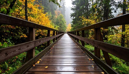 Fototapeta premium Autumn bridge, gentle rain