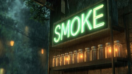 Neon sign reading 'SMOKE' illuminated in the rain with glowing jars in a cozy, atmospheric setting