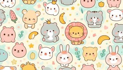 Obraz premium Charming seamless animal pattern in soft pastel colors with cute kawaii style for joyful decoration
