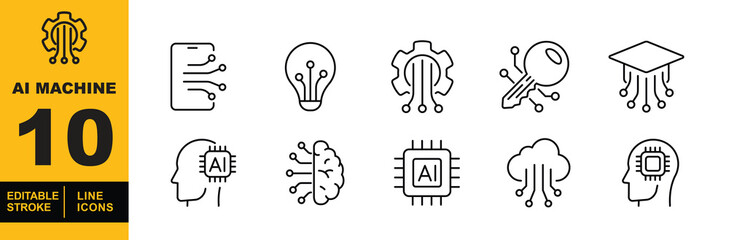 Artificial Intelligence Machine set of web icons in line style. A collection of linear icons representing key Artificial Intelligence Machine concepts, including AI machine learning. Editable stroke
