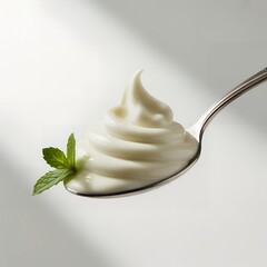 Close-up shot of creamy yogurt on a spoon, garnished with a mint leaf, against a bright white background, conveying a relaxing