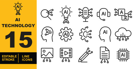 Artificial Intelligence Technology set of web icons in line style. A collection of linear icons representing key Artificial Intelligence Technology concepts, including AI processing. Editable stroke