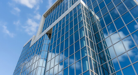 Low angle view of a glass building reflecting the blue sky and white clouds on a sunny day outside