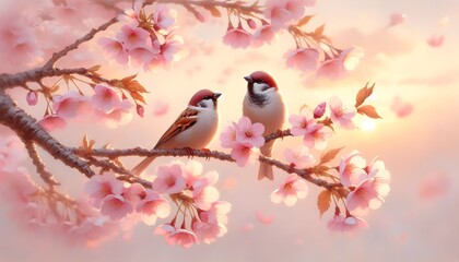 Adorable sparrows resting on blooming cherry blossom branch in warm dawn light with pink petals