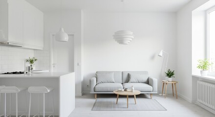 Fototapeta premium 白く清潔な部屋 柔らかな光が降り注ぐ 心地良い空間. AI Generated