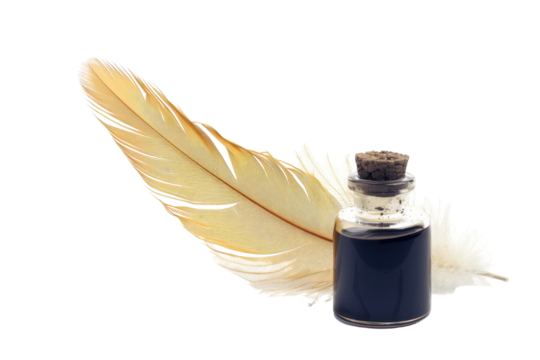 A light beige feather rests beside a small, dark-brown ink bottle