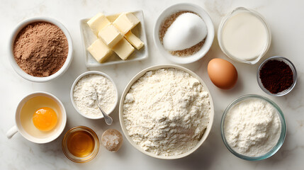 Pastel Beige Baking Ingredients Flatlay on White Counter