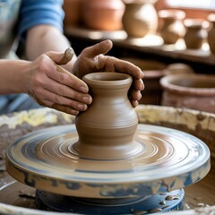Close-up view of potter's hands shaping clay on a pottery wheel, creating a relaxing and meditative atmosphere in a rustic