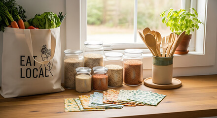 Zerowaste kitchen essentials with an Eat Local tote bag bulk grains in glass jars fresh vegetables and reusable beeswax wraps on a wooden countertop.