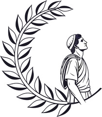 Minimal curved laurel wreath vector with man silhouette, thin elegant outline, open top design for award certificate, achievement logo badge, EPS format