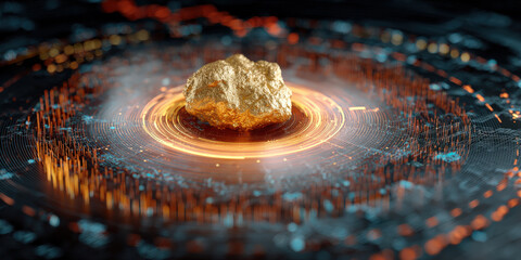 Gold nugget is surrounded by holographic financial interface, symbolizing wealth and technology integration. digital elements create futuristic and dynamic atmosphere