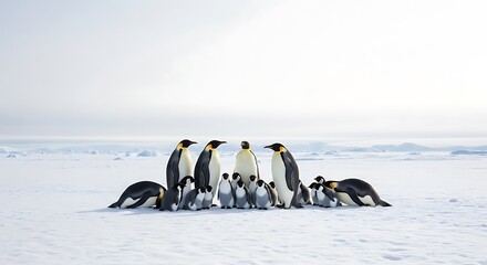 Emperor penguins and chicks in Antarctica on pristine snow, a heartwarming wildlife family group portrait. Ideal for nature, conservation, and arctic themes.