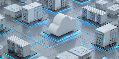 Digital visualization of cloud computing network with interconnected servers, showcasing futuristic and efficient data management system