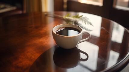 Black Coffee Cup, Morning Coffee, Rustic Tabletop Still Life, Coffee Break, Dark Roasted Coffee.

