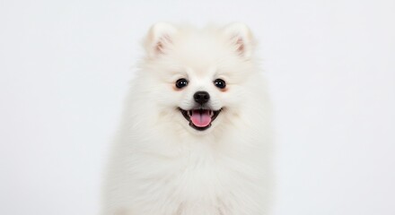 Obraz premium 白い子犬、幸せ笑顔 柔らかな光浴びて輝く毛並. AI Generated