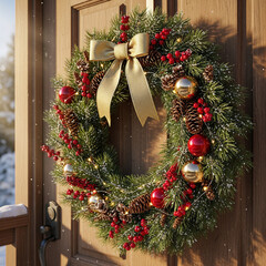 Festive Christmas Wreath with Red Berries, Pinecones, and a Golden Ribbon on a Wooden Door