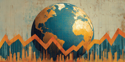Stylized illustration of globe with fluctuating financial graphs symbolizes global economic trends. artwork combines elements of geography and finance, creating dynamic visual impact